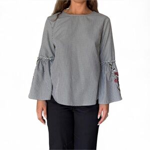 Women's Black and White Gingham Top with Floral Accents